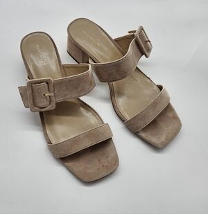 Anne Taylor Taupe Suede Two-Strap Block Heel Mules